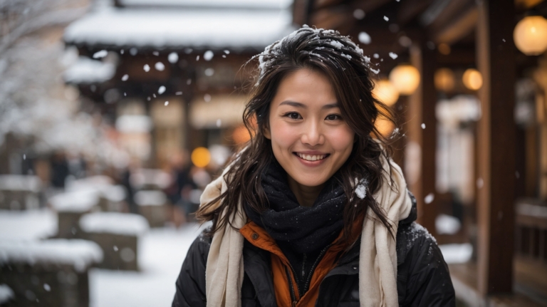 Snowy Day Portrait of Woman in Black Jacket and Scarf in Japa
