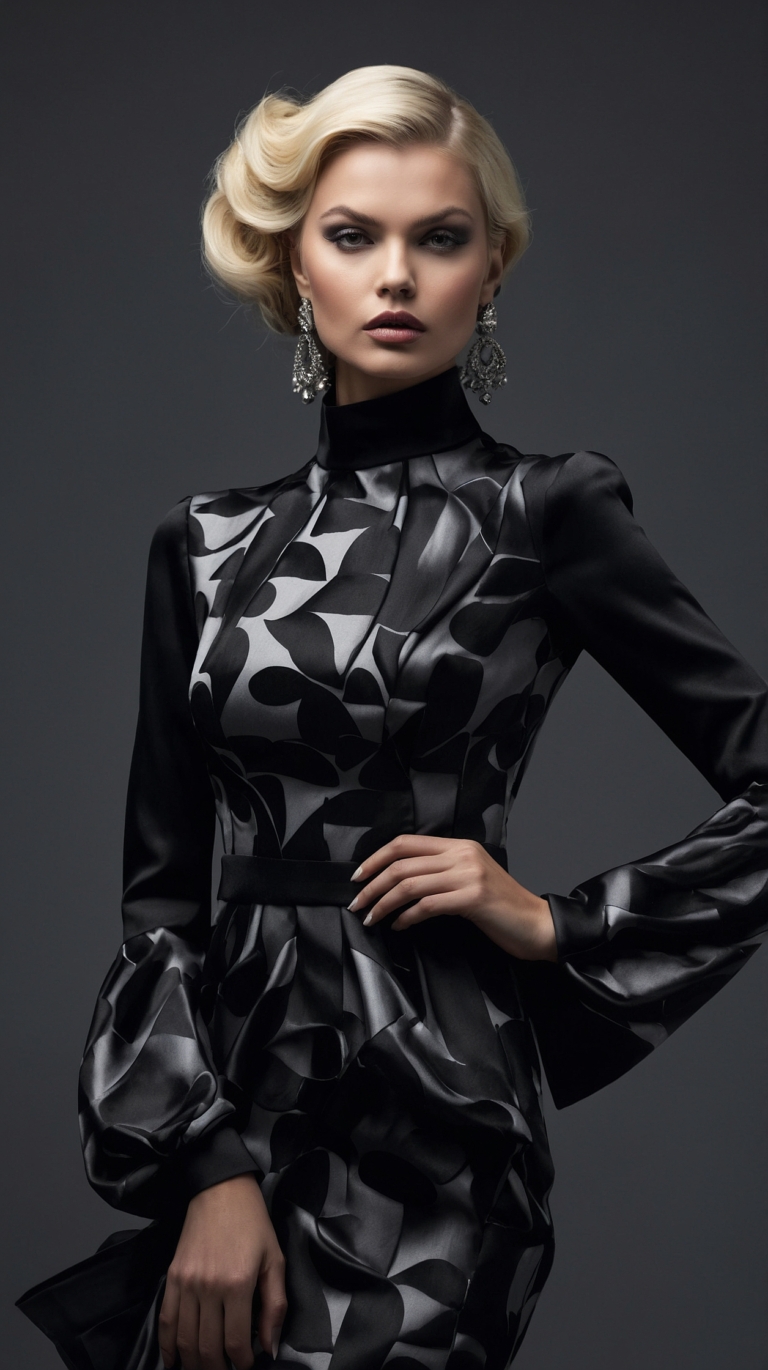 Blonde woman in black silk dress with silver geometric print posing against dark gray background.