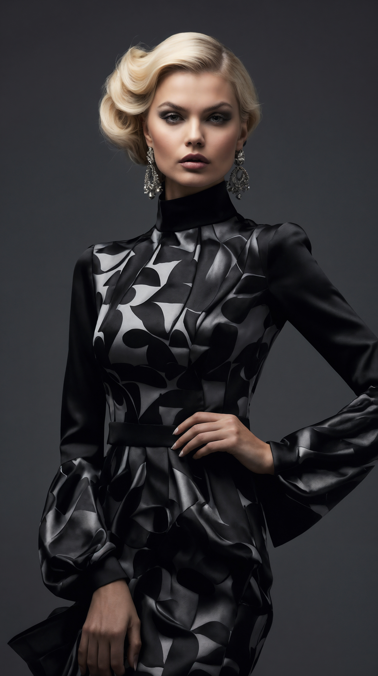 Blonde woman in black silk dress with silver geometric print posing against dark gray background.
