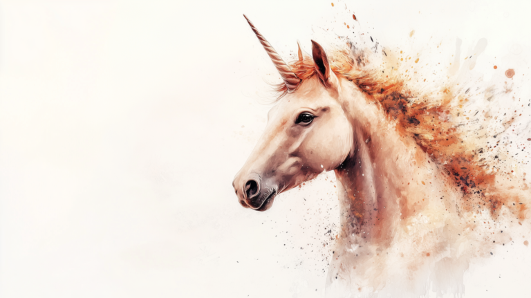 Realistic watercolor of unicorn head in amber and light brown on white background with soft lighting and magical mood.