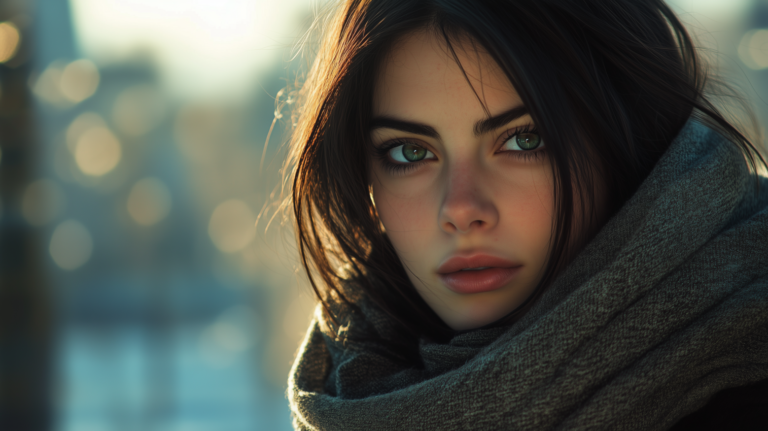 Close-up portrait of brunette woman with green eyes, wearing scarf in sunlight with soft bokeh winter background.