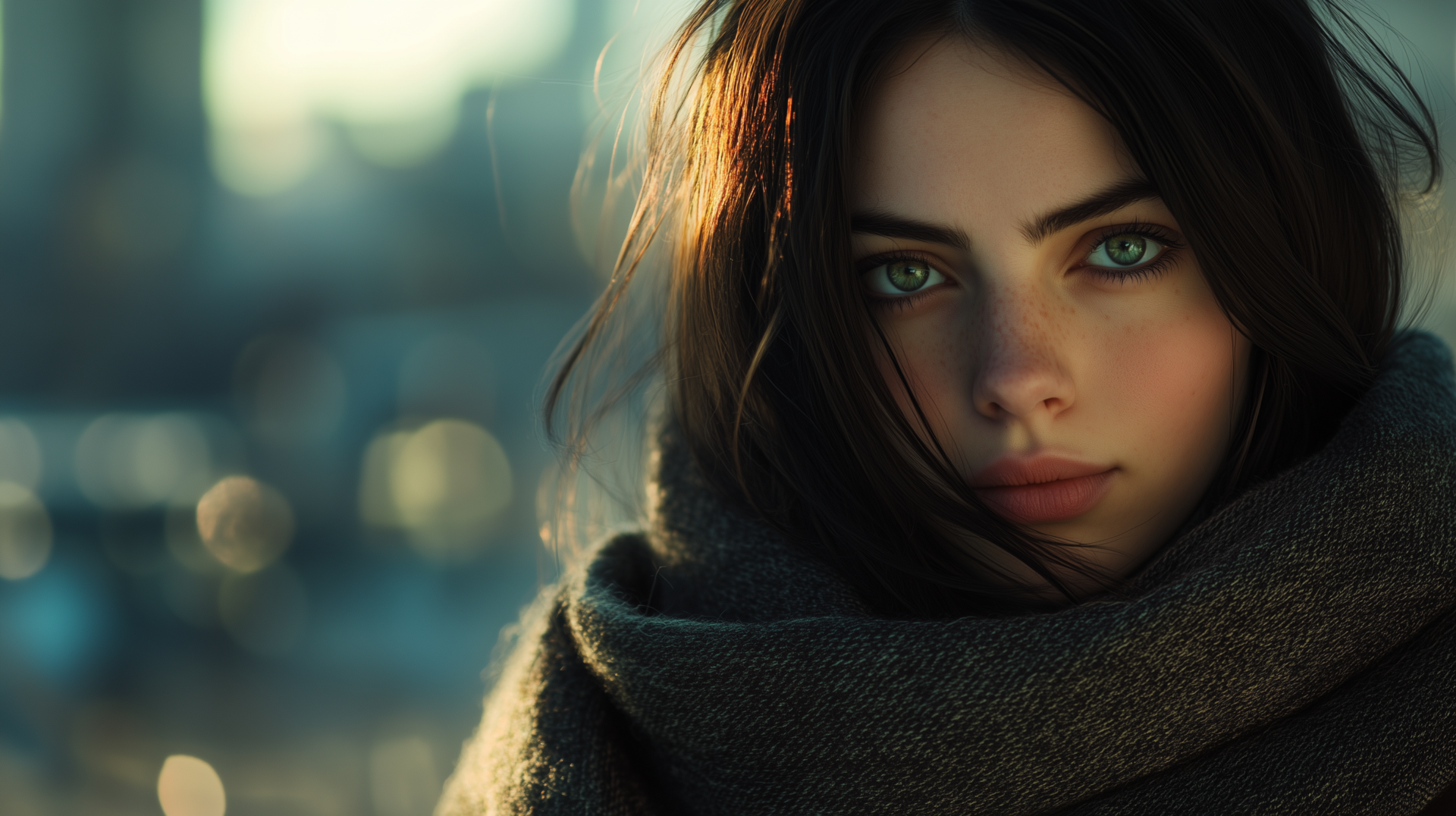 Close-up fantasy portrait of girl with green eyes and brown hair in blanket, soft city bokeh and bohemian style.