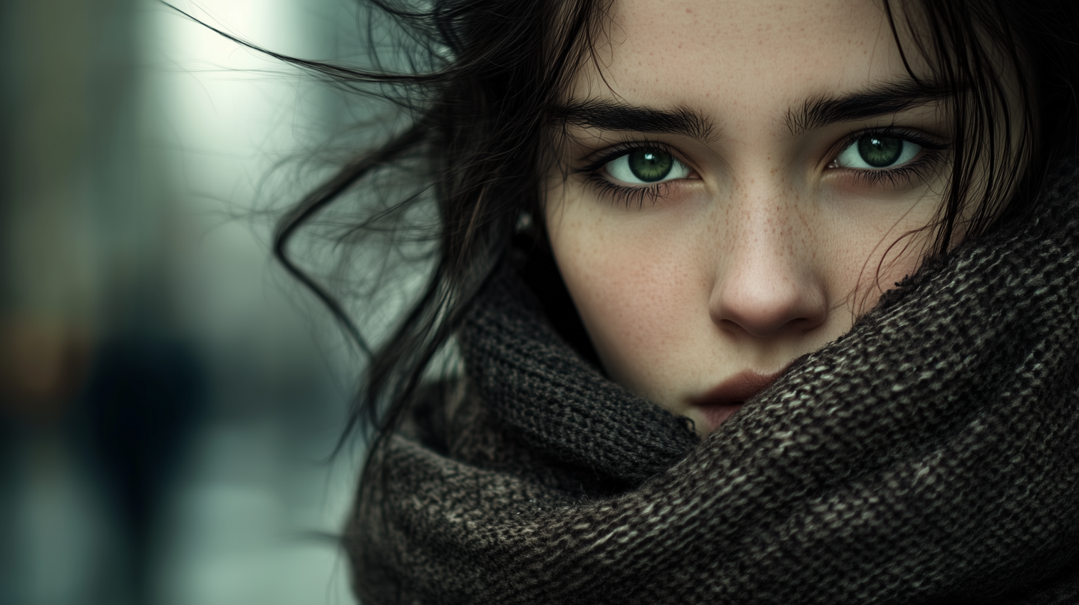 Street portrait of woman with green eyes, dark hair, and scarf, featuring cold tones and soft bokeh background.