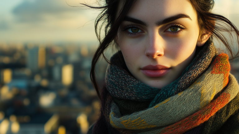 Woman with green eyes and scarf on rooftop with city view, warm tones, bokeh, and cinematic dreamy atmosphere.