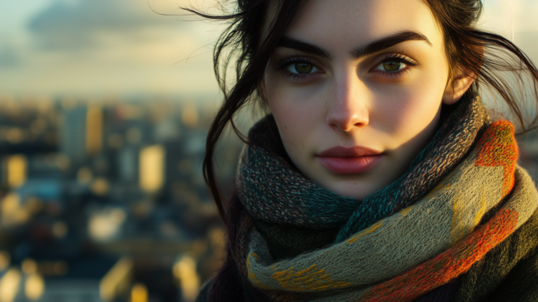 Woman with green eyes and scarf on rooftop with city view, warm tones, bokeh, and cinematic dreamy atmosphere.