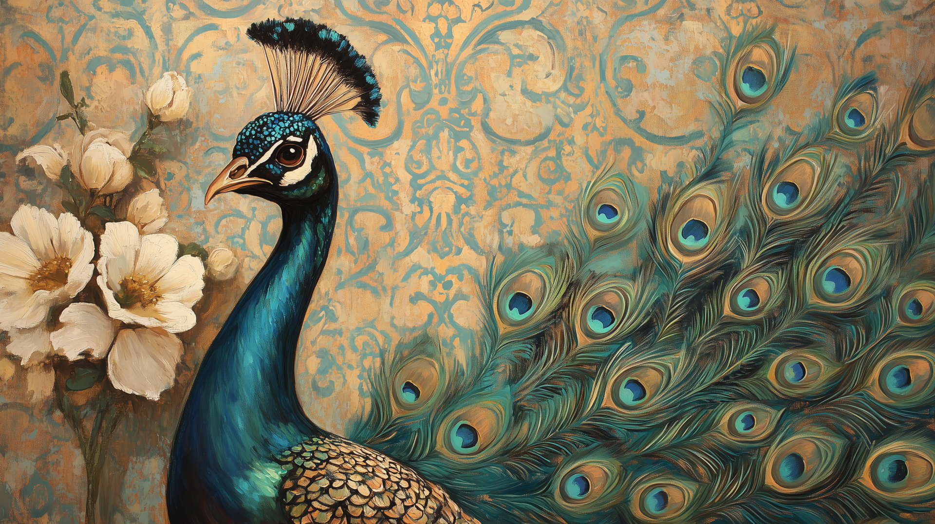 Oil painting of peacock with spread feathers, teal and gold damask wallpaper, and white flowers in foreground.
