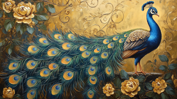 Fantasy oil painting of peacock with golden feathers, surrounded by yellow roses and glowing golden background.
