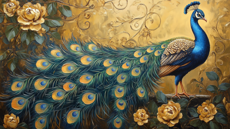 Fantasy oil painting of peacock with golden feathers, surrounded by yellow roses and glowing golden background.