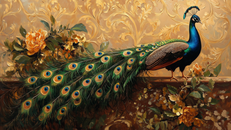 Realistic oil painting of peacock with colorful tail, golden wall, and floral ornament background.