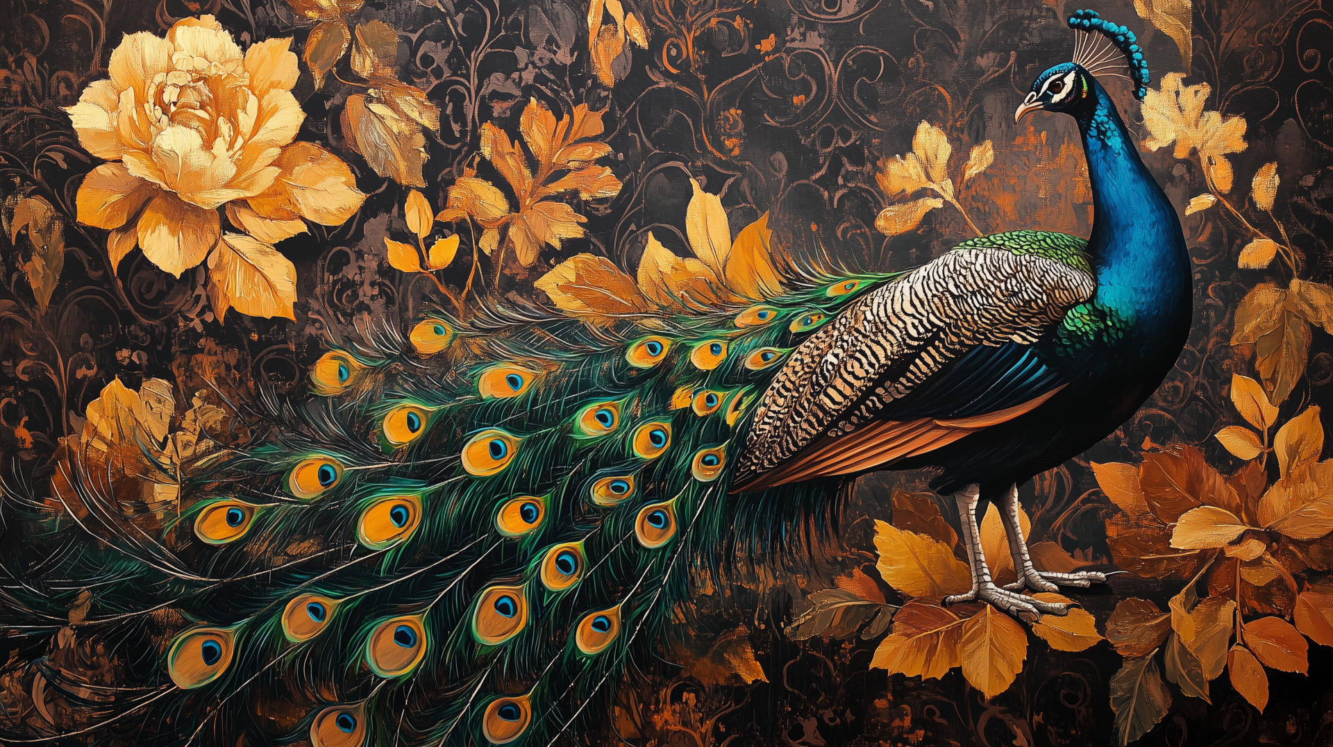 Oil painting of peacock with spread feathers, yellow flowers, green leaves, and dark floral background with gold accents.