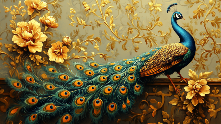 Elegant oil painting of peacock with vibrant blue and gold feathers, floral details, and golden patterned wallpaper background.