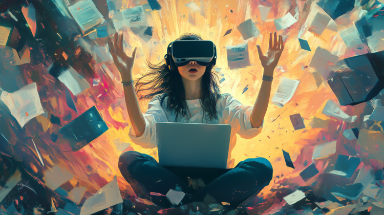 Illustration of woman with VR glasses and laptop, surrounded by flying papers and colorful background explosion.
