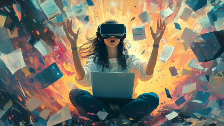 Illustration of woman with VR glasses and laptop, surrounded by flying papers and colorful background explosion.