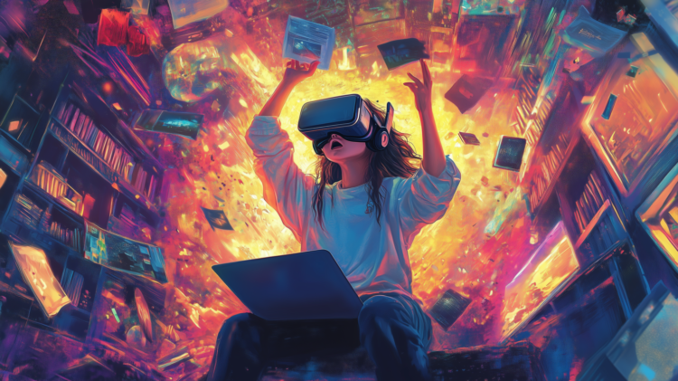 Digital illustration of woman with VR headset, laptop, floating books, and colorful surreal background with VR elements.