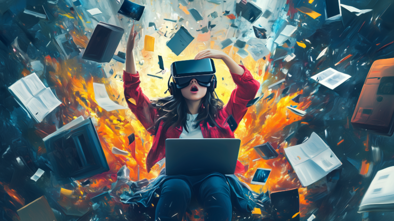 Woman with VR headset sits on floor with laptop, raising hands, surrounded by flying books and papers.