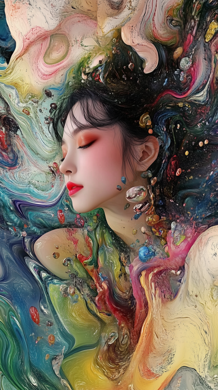 Girl in Chinese-style clothing floats with closed eyes, surrounded by stones, liquid metal, and surreal dreamlike elements.