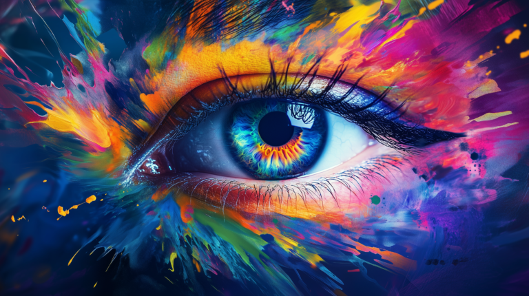 Colorful eye with abstract watercolor splashes and paint strokes symbolizing creativity and imagination.