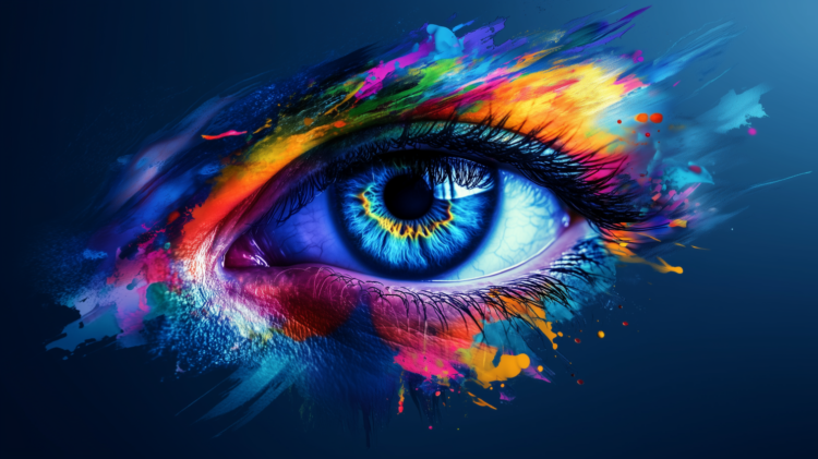 Colorful eye with rainbow paint splashes on dark blue background, symbolizing creative advertising energy.