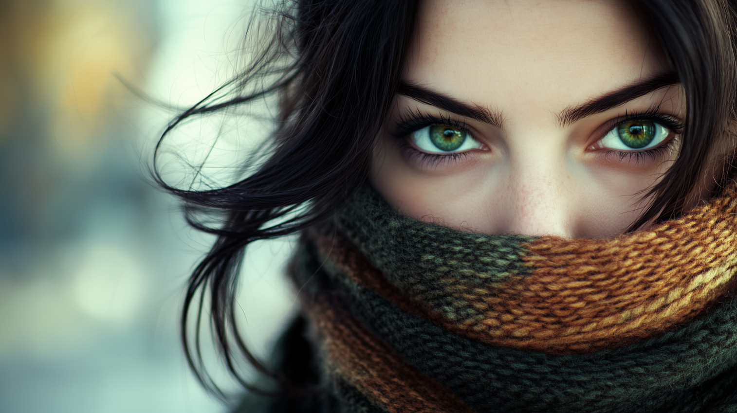 Close-up portrait of woman with green eyes, dark hair, and scarf, in natural light with blurred background.