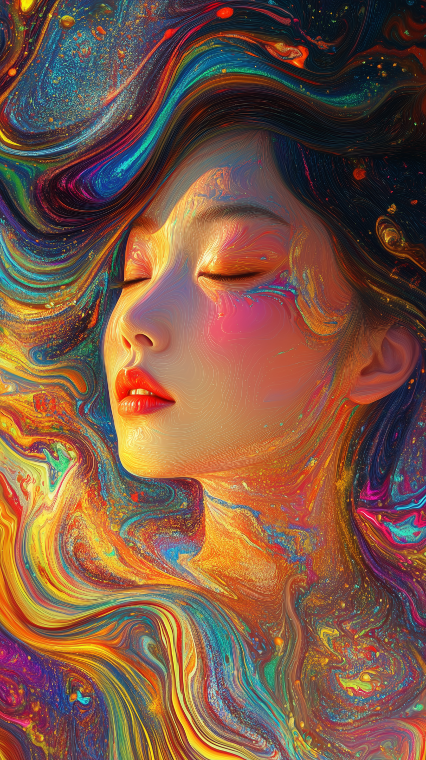 Asian woman with eyes closed and head tilted back, surrounded by flowing colorful digital paint in fantasy style.
