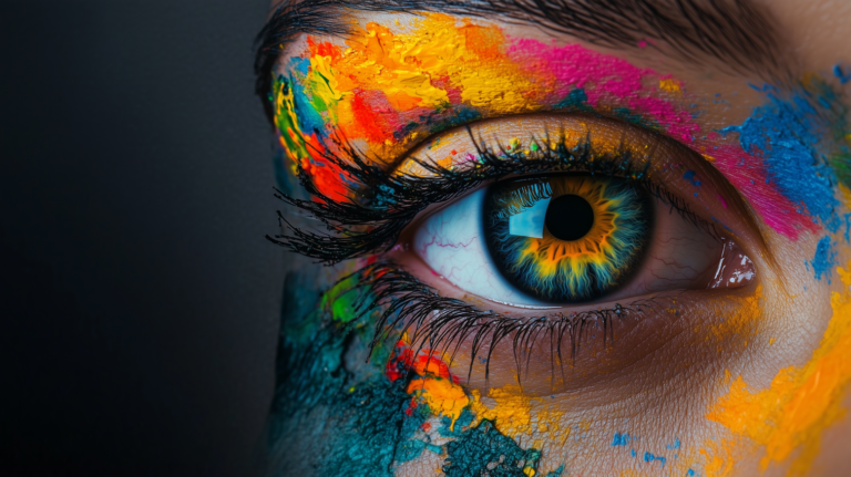 Close-up of eye with colorful makeup, dark background, and detailed skin texture in bold, high-resolution contrast.