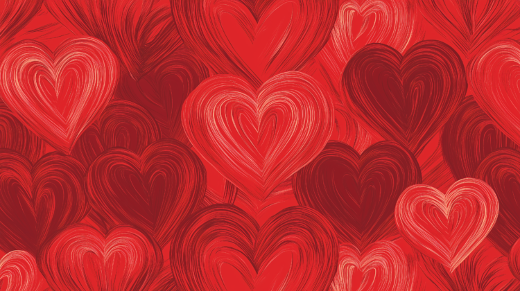 Seamless hand-drawn red heart pattern, vector illustration in digital art style, ideal for romantic backgrounds.