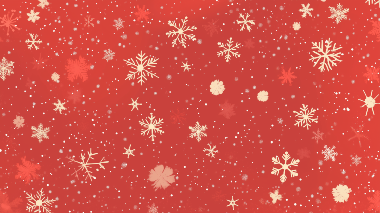 Flat cartoon-style red background with white snowflakes, simple vector illustration for Christmas in high resolution.