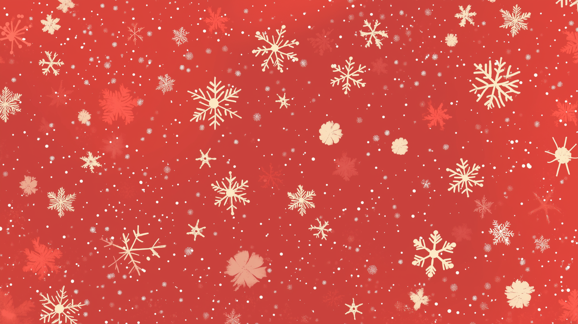 Flat cartoon-style red background with white snowflakes, simple vector illustration for Christmas in high resolution.