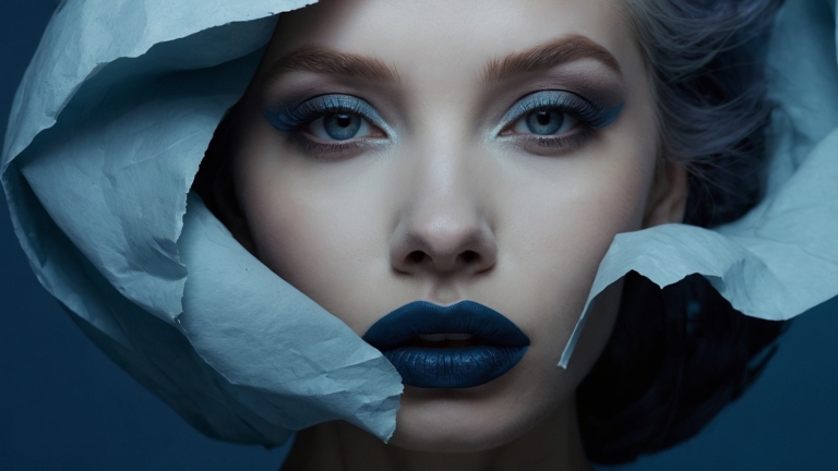 Fashion portrait of woman with blue lipstick and eyeshadow, wrapped in white paper against deep blue gradient background.
