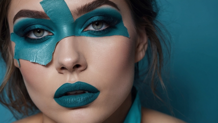 Portrait of woman with teal lips, trident-shaped makeup, teal eyeshadow, and teal leather eye band against blue background.