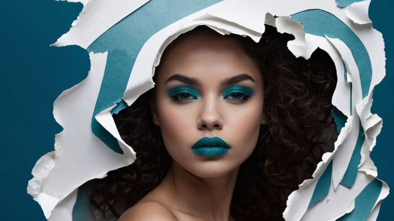 Fashion portrait of elegant woman with teal lips, turquoise eyeshadow, and curly hair, posing in front of ripped paper waves.