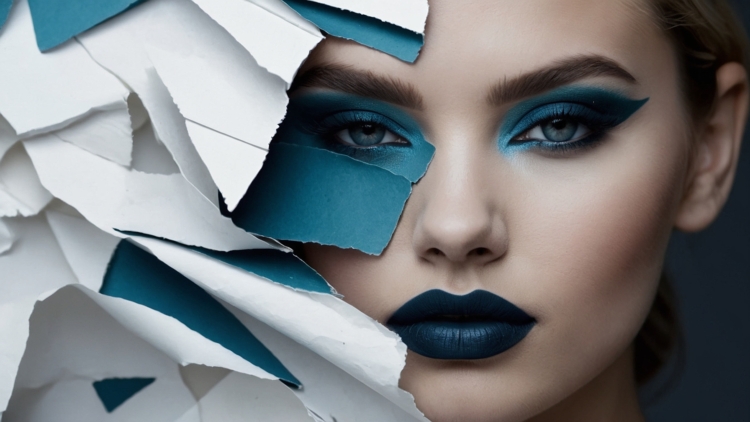Elegant woman with blue eye makeup and black lip gloss posing in front of ripped white paper and deep navy backdrop.