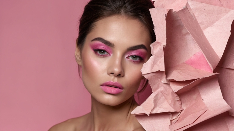 Portrait of woman with pink eyeshadow and winged eyeliner, partially covered by pink cardboard petals against artistic paper background.