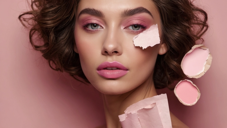 Portrait of woman with brown hair, pink makeup, and lipstick shades holding tissue paper on her face against pink background.