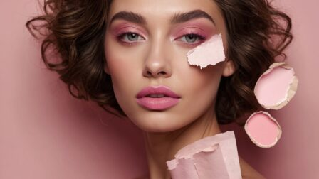 Portrait of woman with brown hair, pink makeup, and lipstick shades holding tissue paper on her face against pink background.