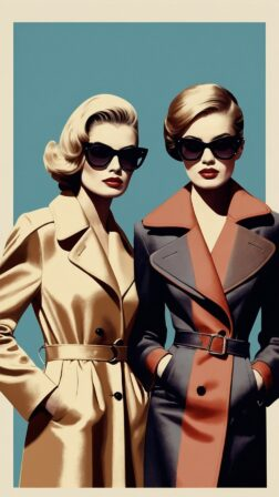 Fashion poster of two women in trench coats and sunglasses with retro colors, posing confidently against a blue sky.