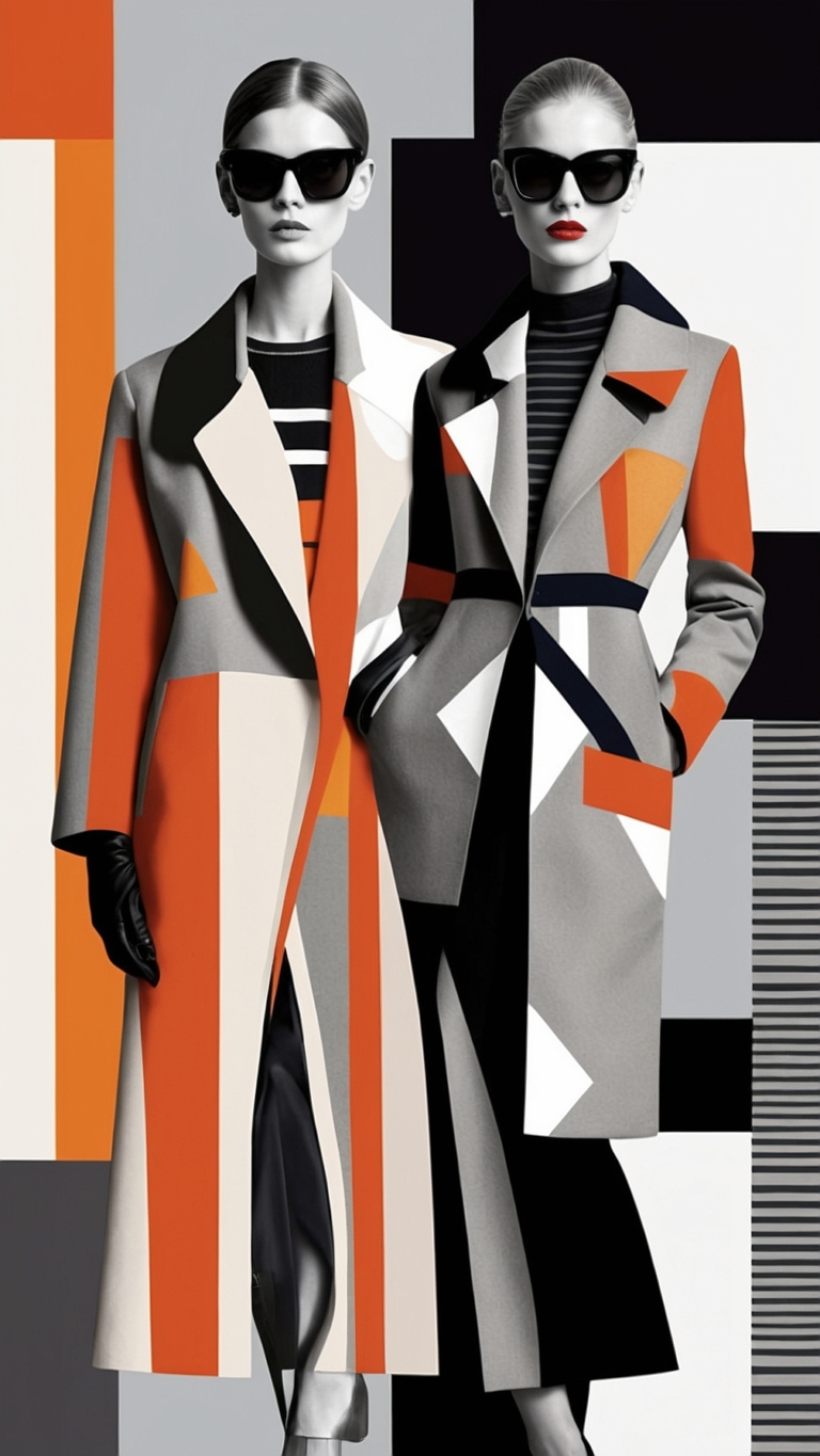 Fashion illustration of two models in grey geometric coats with orange accents, set against black line abstract background.
