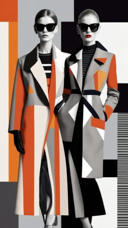 Fashion illustration of two models in grey geometric coats with orange accents, set against black line abstract background.