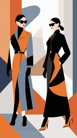 Minimalist vector illustration of two women in coats and sunglasses with geometric background in orange, black, gray, and white.