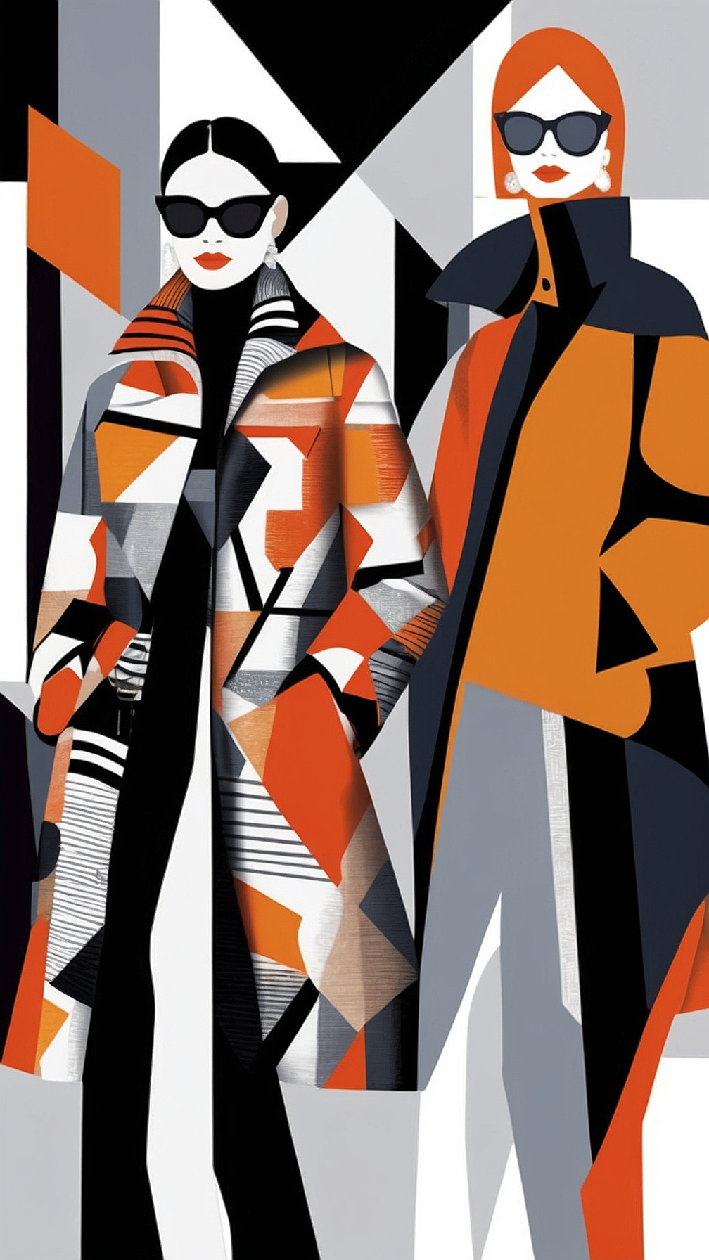 Modern fashion illustration of women in sleek coats and sunglasses with bold geometric patterns against abstract orange and grey background.
