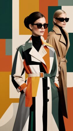 Vintage-inspired fashion campaign with women in trench coats and retro sunglasses against abstract muted background of green, orange, beige, and white.
