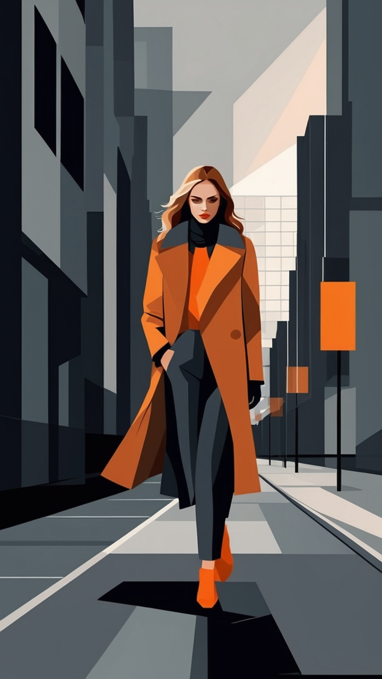 Vector illustration of a woman in an orange coat walking in urban cityscape with flat design, gray and black background.
