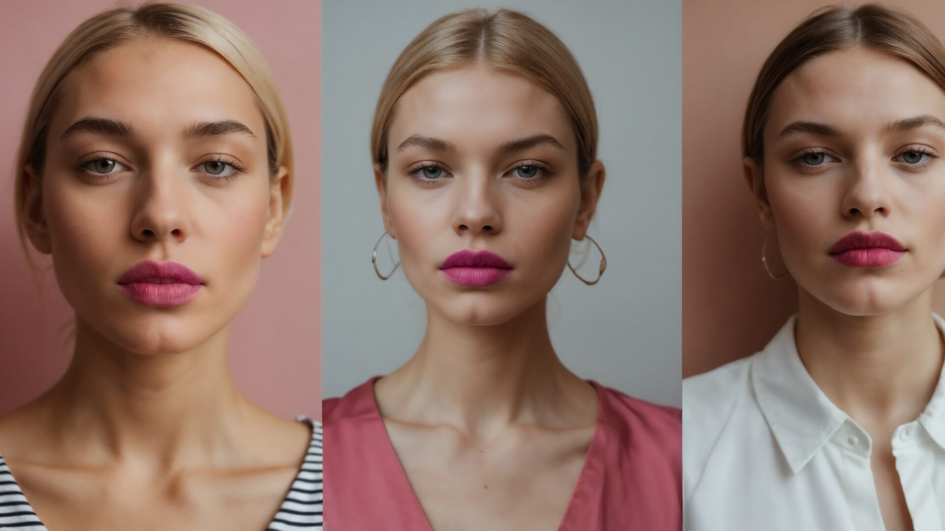 Series of portraits featuring model with pastel makeup, pink lips, blonde eyebrows, and modern outfits highlighting natural beauty.
