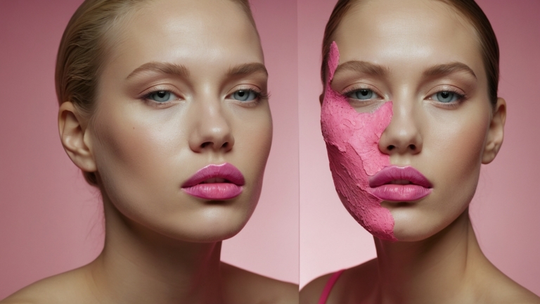 Beauty model with pink lipstick, half face covered in pink paint and clay mask, pastel pink background, two split portraits.
