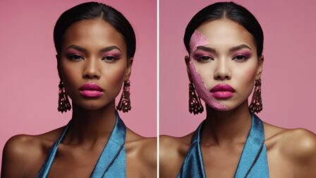 Beauty photoshoot of two Black women with pink lipstick and large earrings, one photo with pink overlay, one natural.