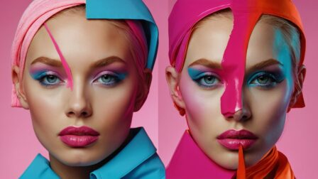 Makeup editorial with two models wearing bold pink and blue eyeshadow, pink lips, headscarf, against bright pink and turquoise background.