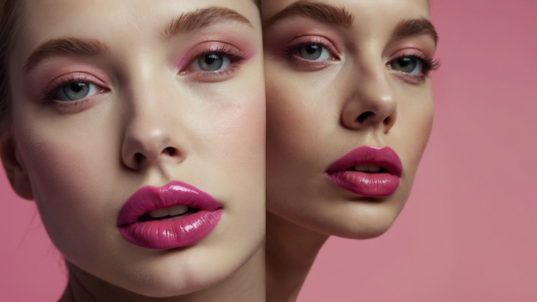Close-up of two models, one with hot-pink lip gloss and one natural, both with winged eyeliner against solid background.