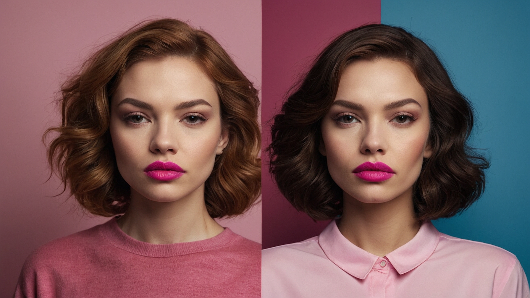Split-screen portrait of two female models with pink lipstick, one with short brown hair and one with long bob brunette, pink background.