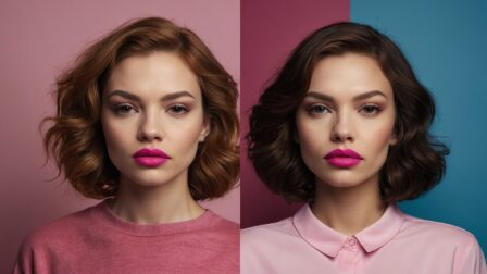 Split-screen portrait of two female models with pink lipstick, one with short brown hair and one with long bob brunette, pink background.