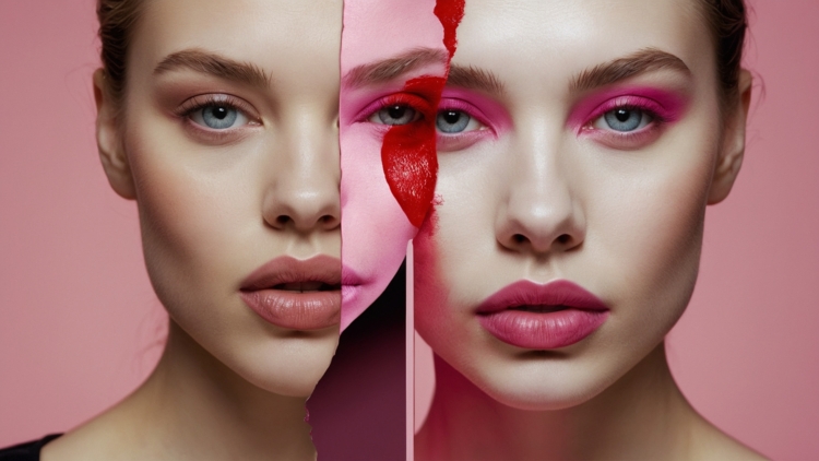 Split photo of two female models with pink eyeshadow, red lips, and contrasting makeup styles against pastel pink background.